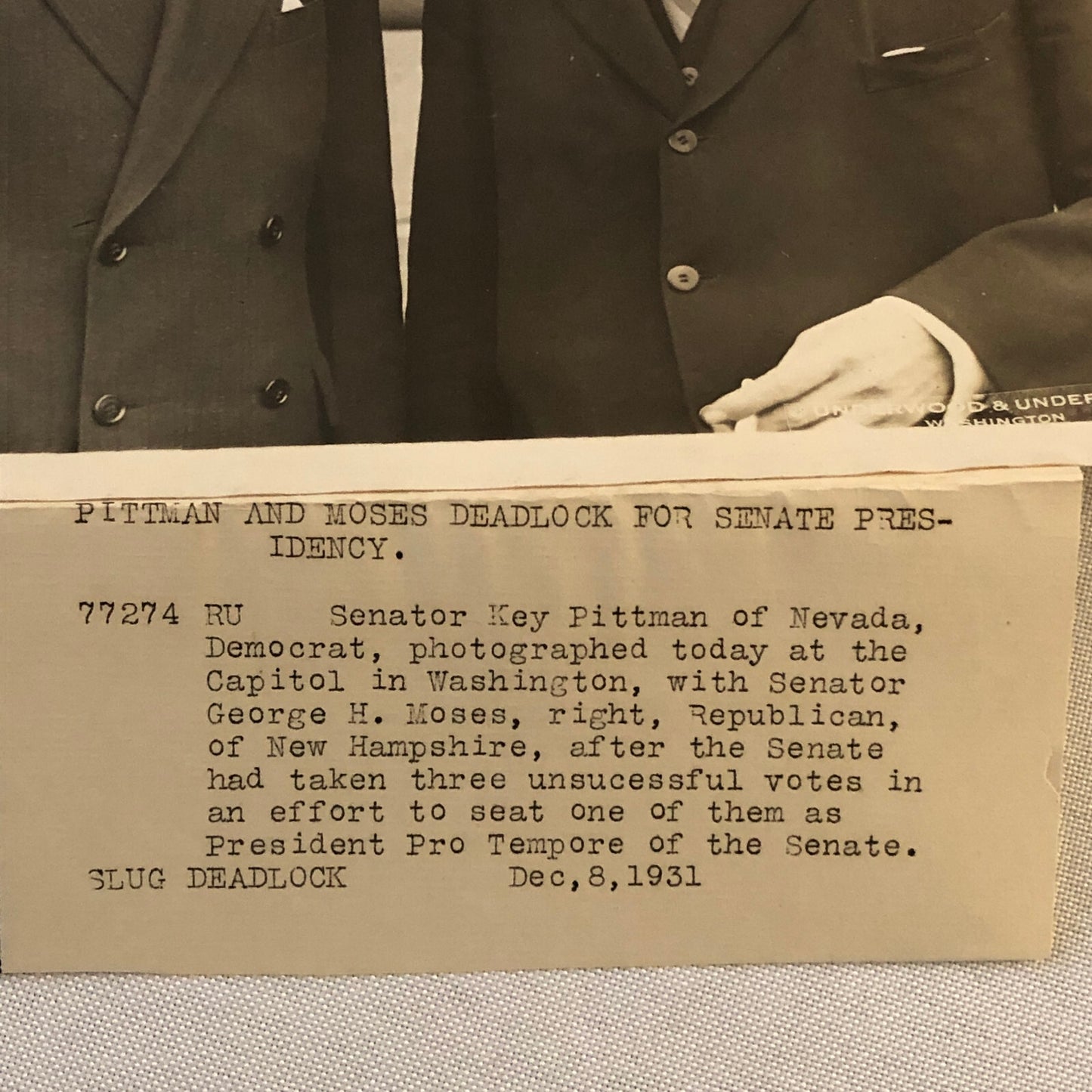 Press Photo Photograph Senator Key Pittman & George H Moses 1931 Underwood Photo