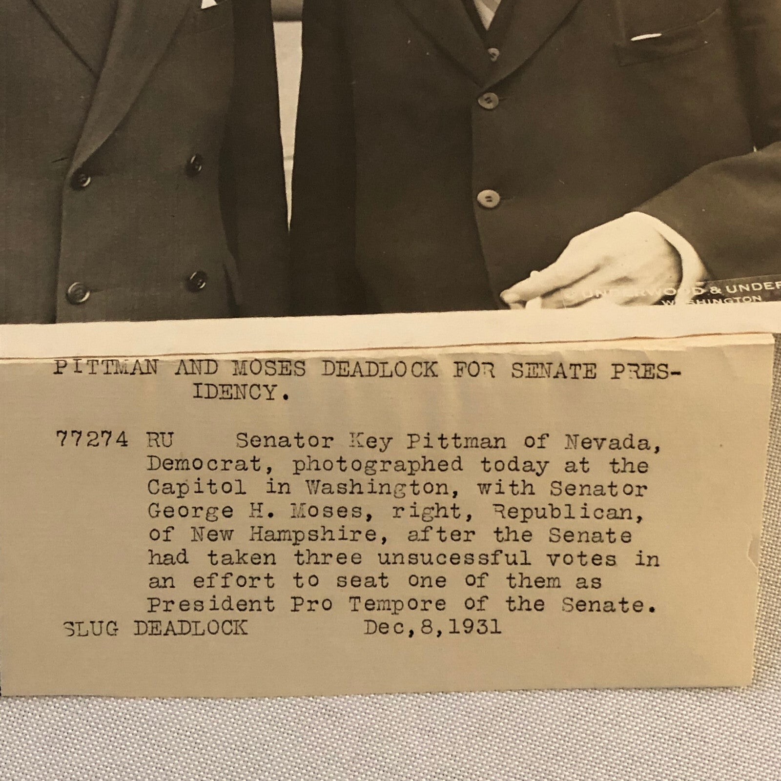 Press Photo Photograph Senator Key Pittman & George H Moses 1931 Underwood Photo