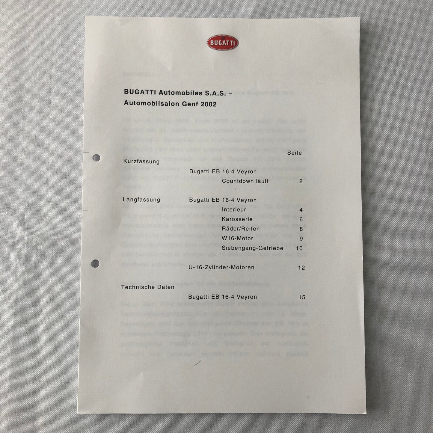 Bugatti Veyron Press Kit Brochure Photos 2002 German Text