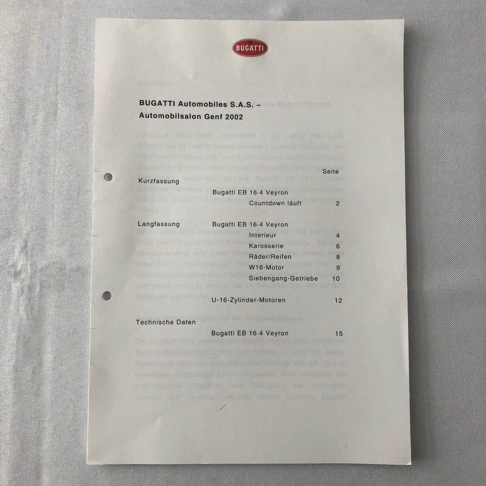 Bugatti Veyron Press Kit Brochure Photos 2002 German Text