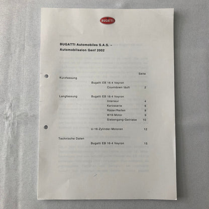 Bugatti Veyron Press Kit Brochure Photos 2002 German Text