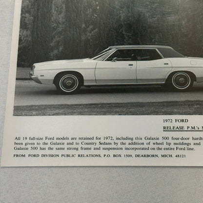 1972 Ford Galaxie 500 Hardtop Car Factory Press Photo Photograph Print