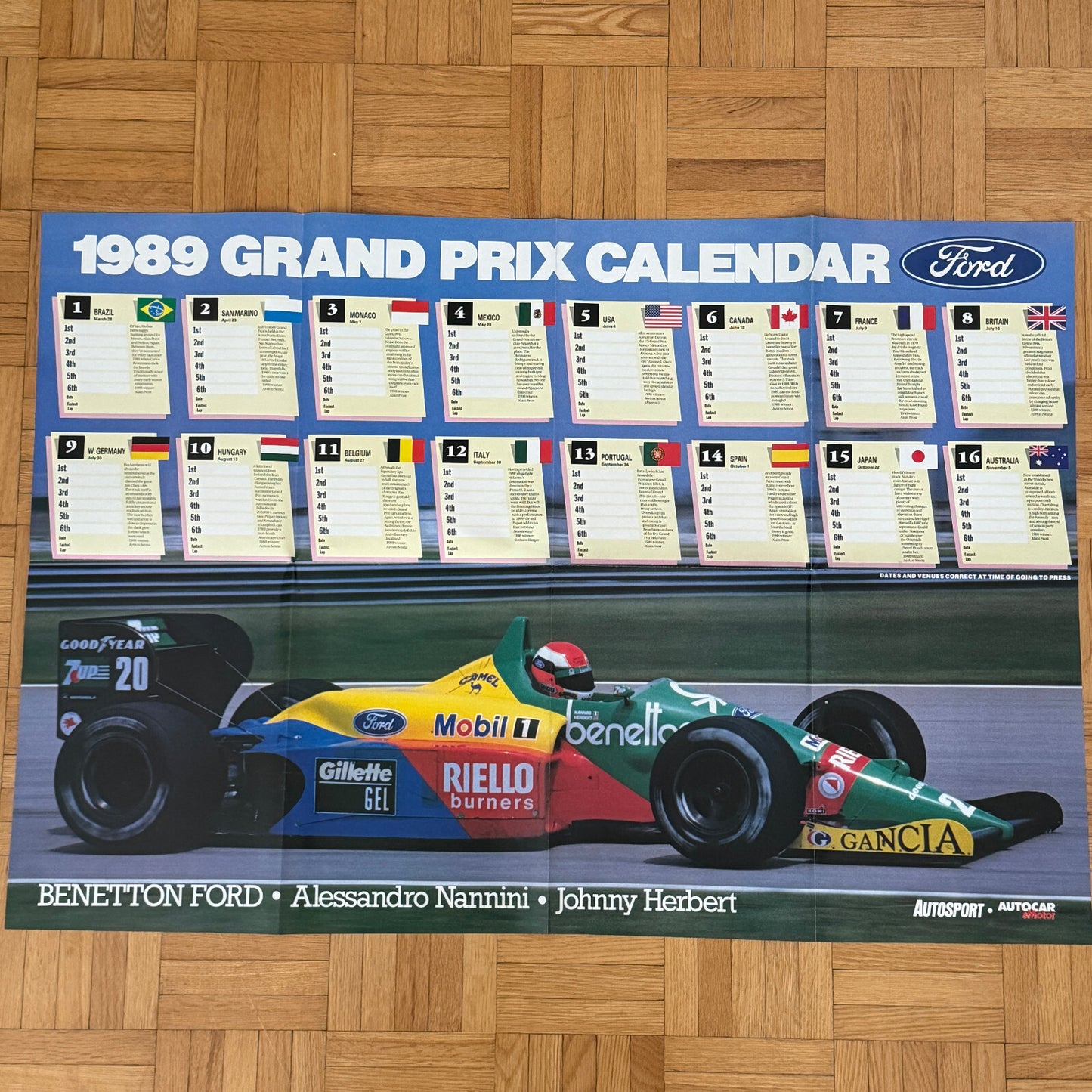 1989 Formula One Grand Prix Racing Calendar Poster Benetton Ford Car
