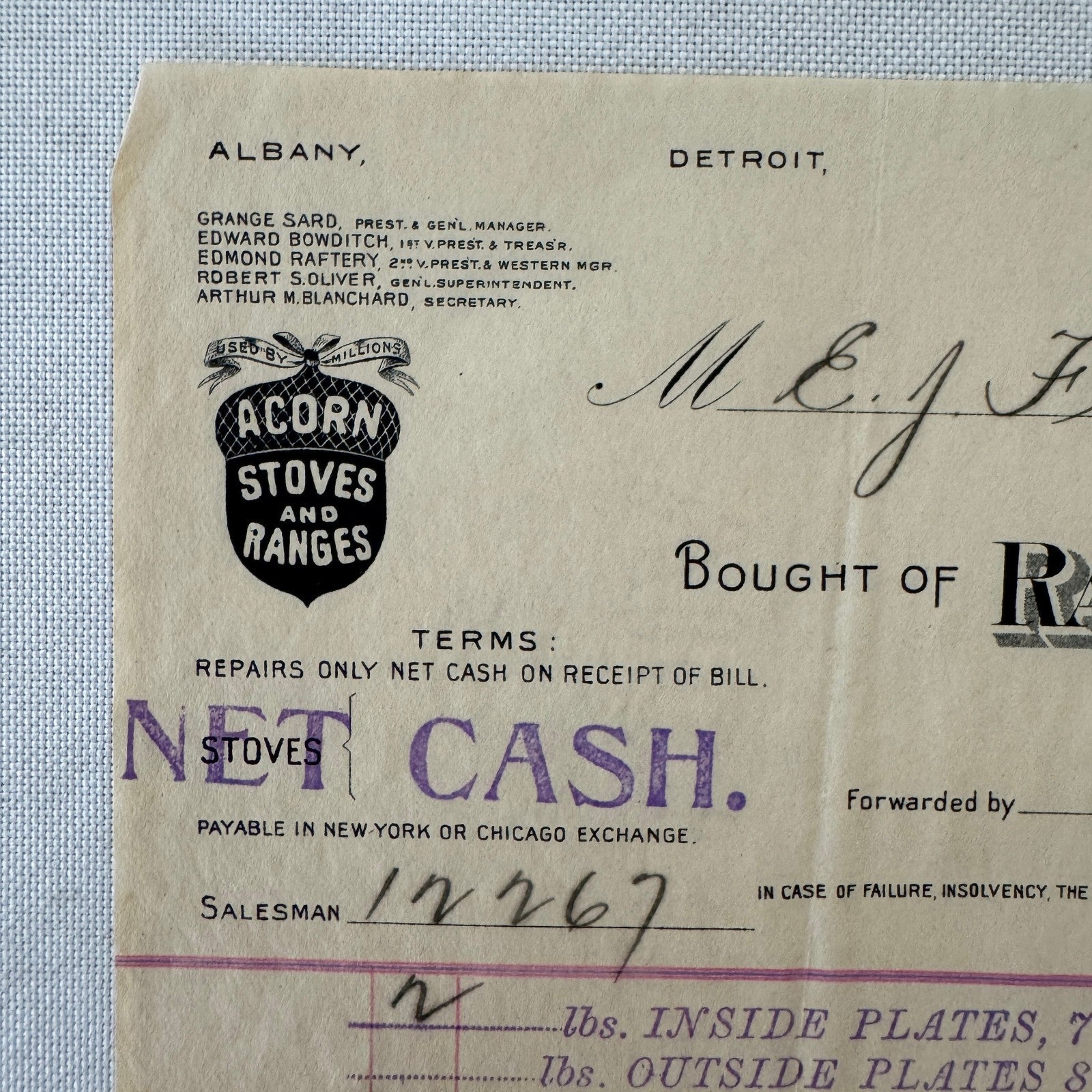 Rathbone Sard and Company Acorn Stoves and Ranges Receipt Invoice Document 1907