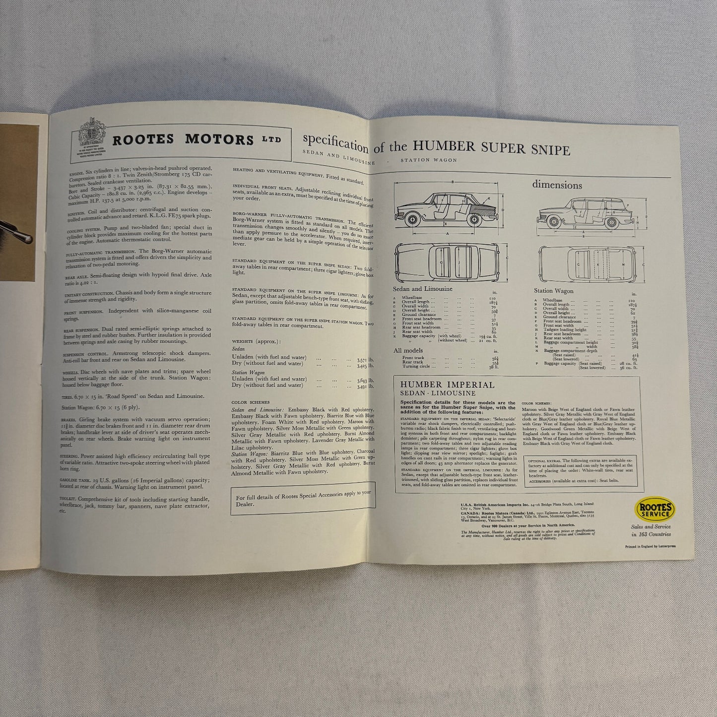 Humber Super Snipe and Humber Imperial Car Sales Brochure Catalog Vintage