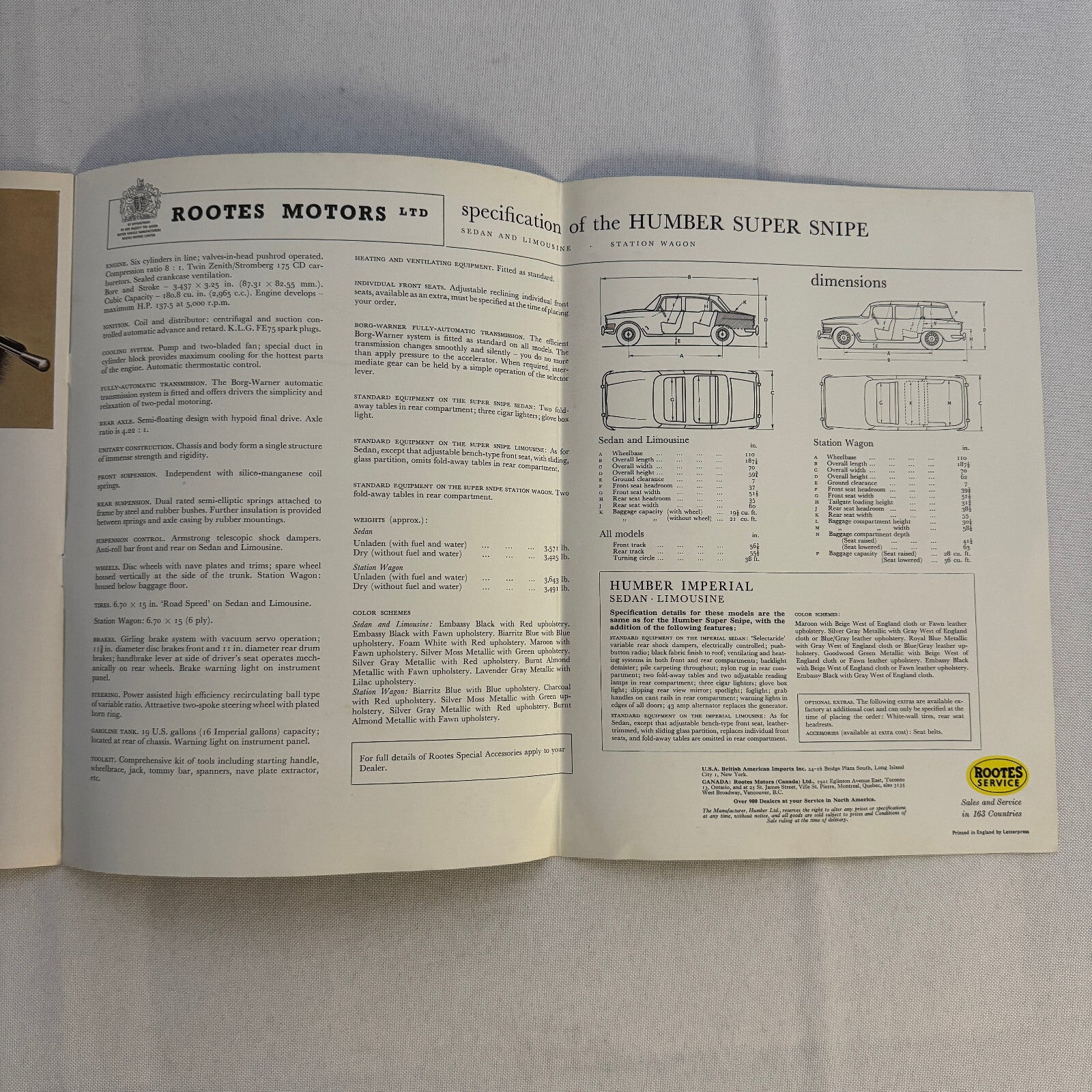 Humber Super Snipe and Humber Imperial Car Sales Brochure Catalog Vintage