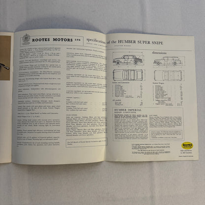 Humber Super Snipe and Humber Imperial Car Sales Brochure Catalog Vintage