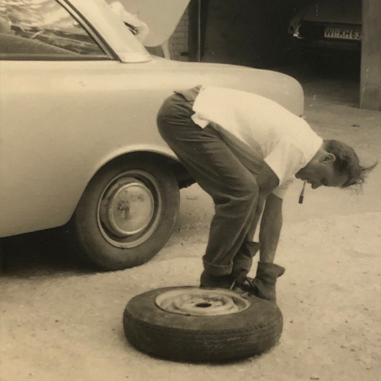 Vintage Photo Photograph Man Changing Car Tire with Child Cermany