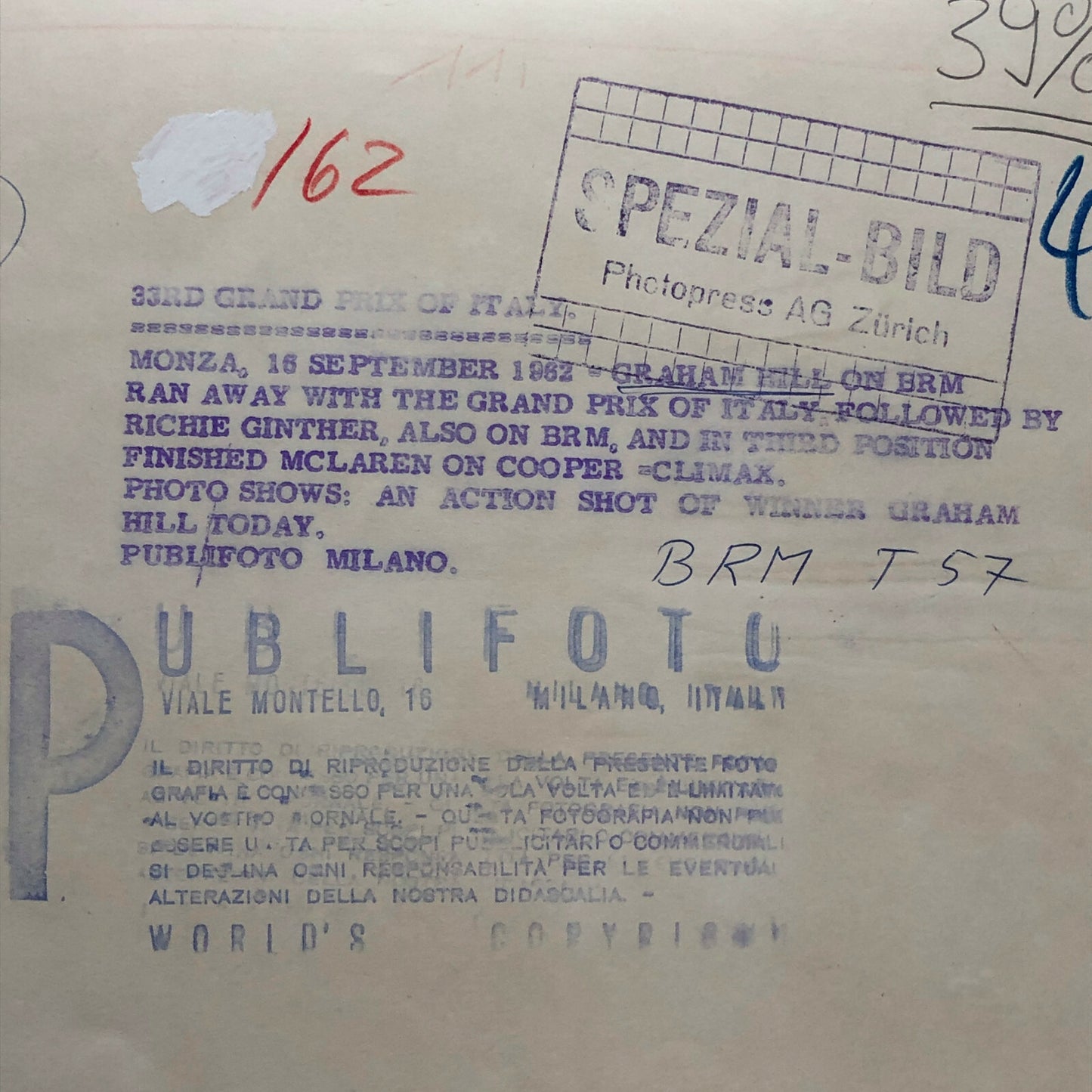 1962 Italian Grand Prix Monza Racing Photo Photograph Graham Hill BRM T57 Car 