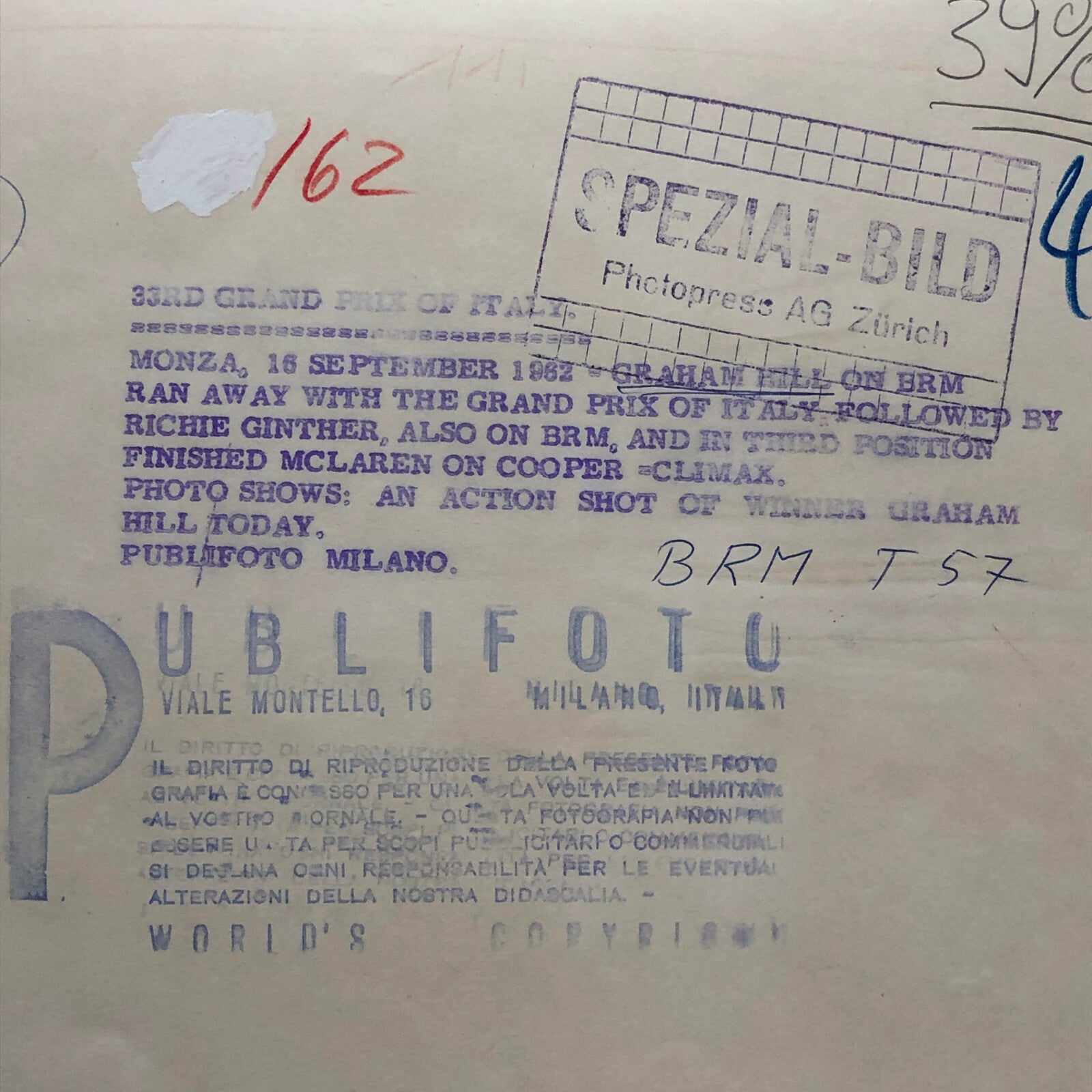 1962 Italian Grand Prix Monza Racing Photo Photograph Graham Hill BRM T57 Car 