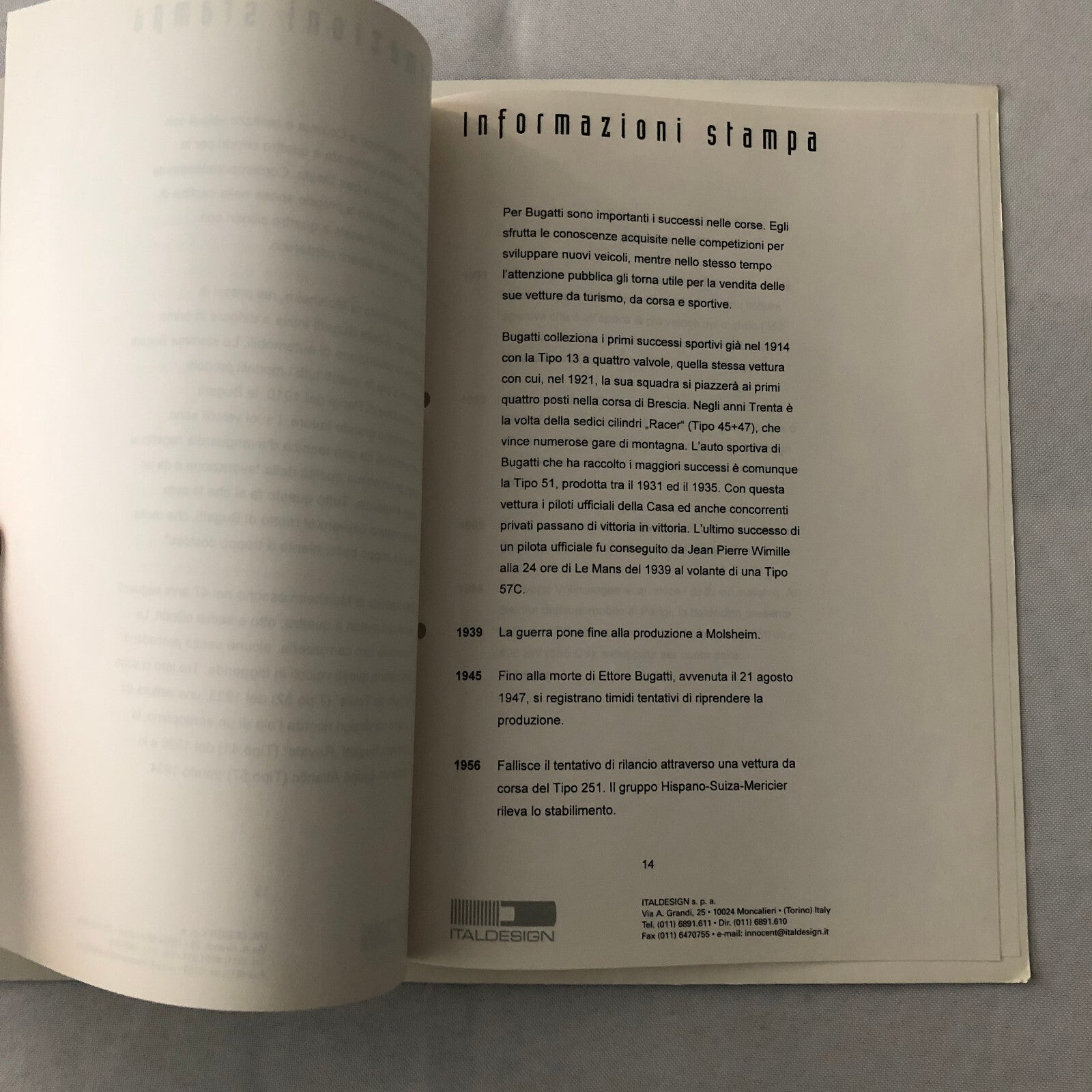 Bugatti EB 118 EB118 Press Kit Brochure Photos Italian Text