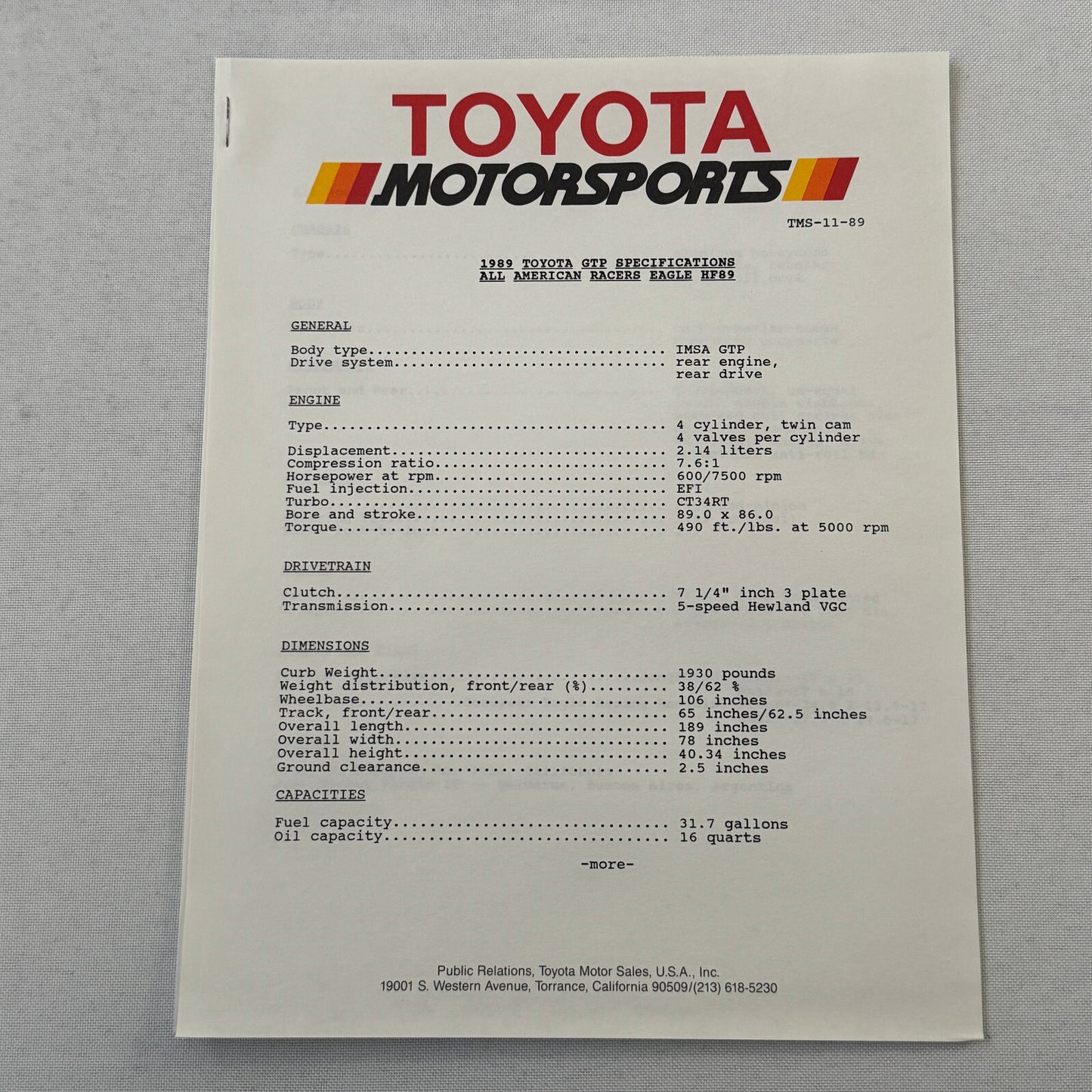 1989 Toyota Motorsport Racing Press Kit Dan Gurney Willy T Ribbs Fangio II