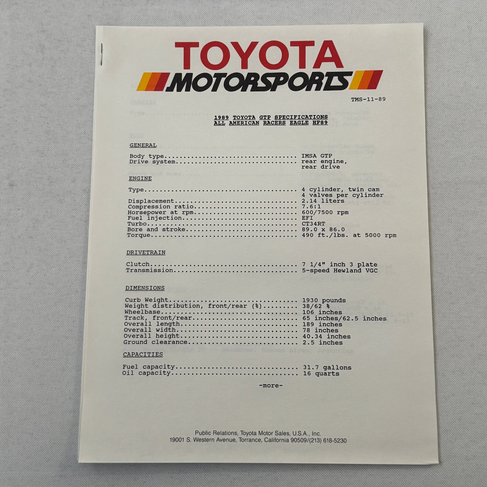 1989 Toyota Motorsport Racing Press Kit Dan Gurney Willy T Ribbs Fangio II
