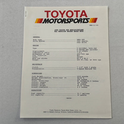 1989 Toyota Motorsport Racing Press Kit Dan Gurney Willy T Ribbs Fangio II
