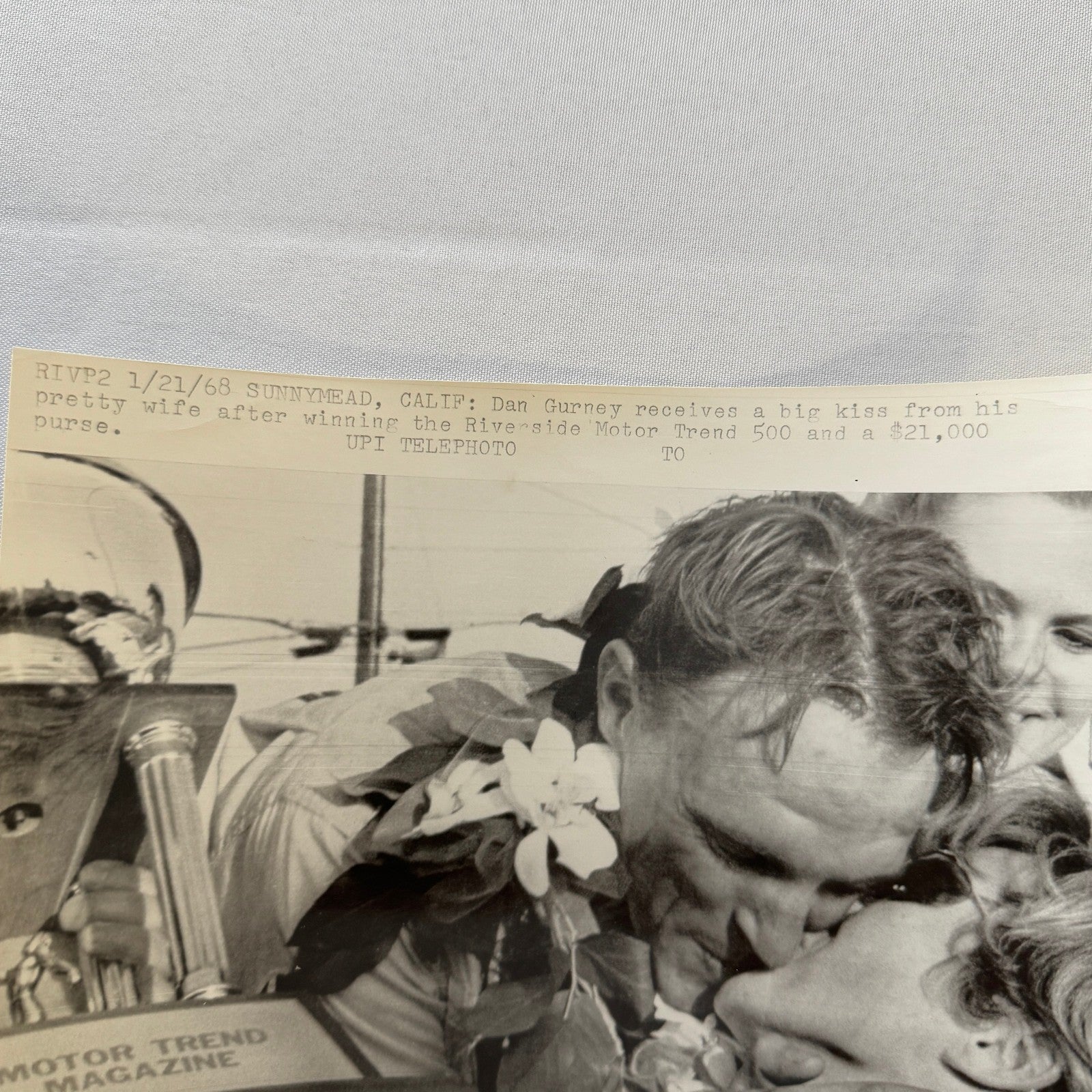 Vintage Racing Photo Dan Gurney Riverside Motor Trend 500 Race Win Kissing Wife