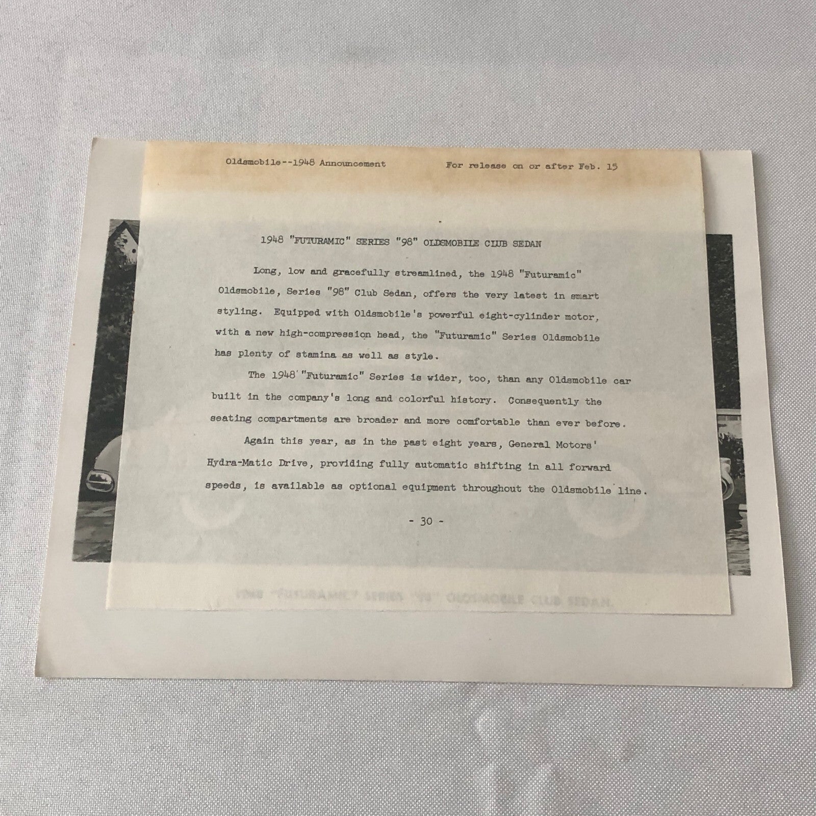 1948 Oldsmobile Series 98 Futuramic Club Sedan Factory Press Photo Photograph