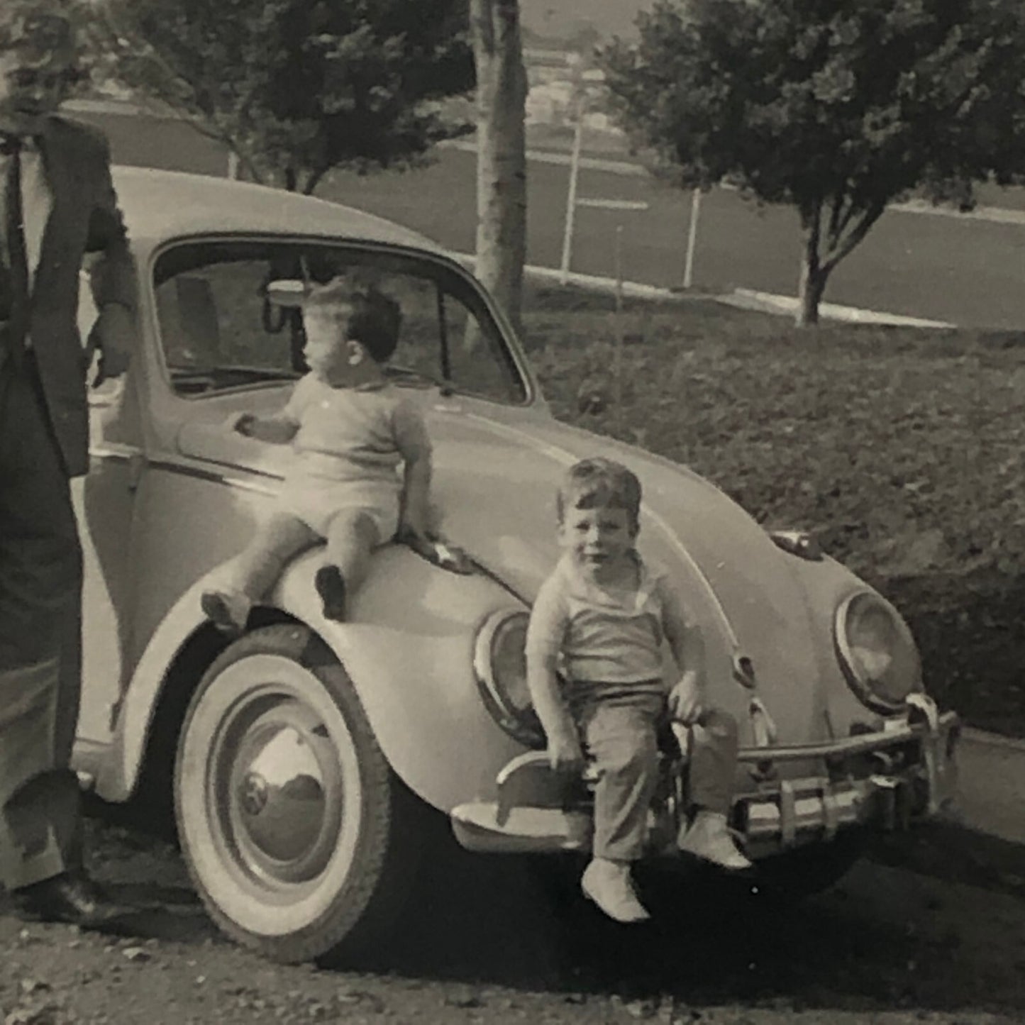 Vintage Photo Photograph Snapshot Man Children with VW Volkswagen Beetle Bug Car
