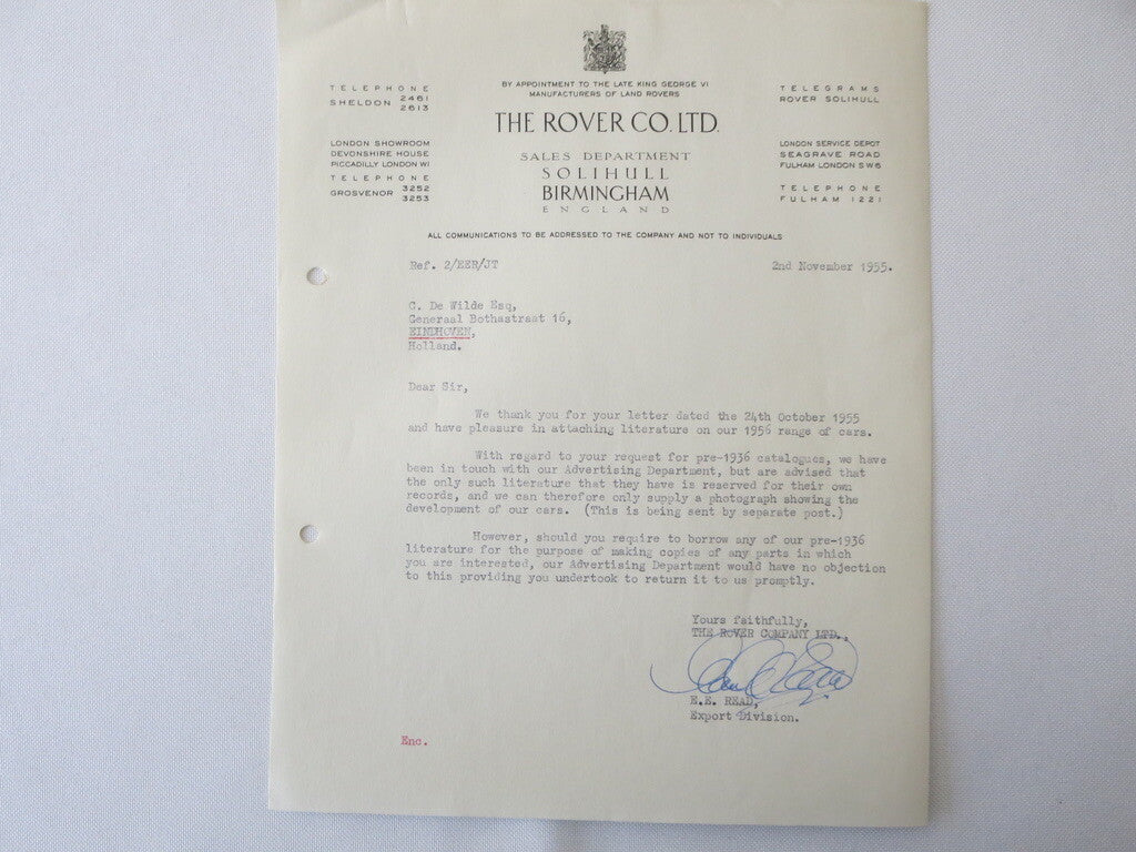 1948 - 1955 Rover Car Company Letter Letterhead Document Lot of 5