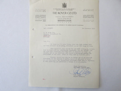 1948 - 1955 Rover Car Company Letter Letterhead Document Lot of 5