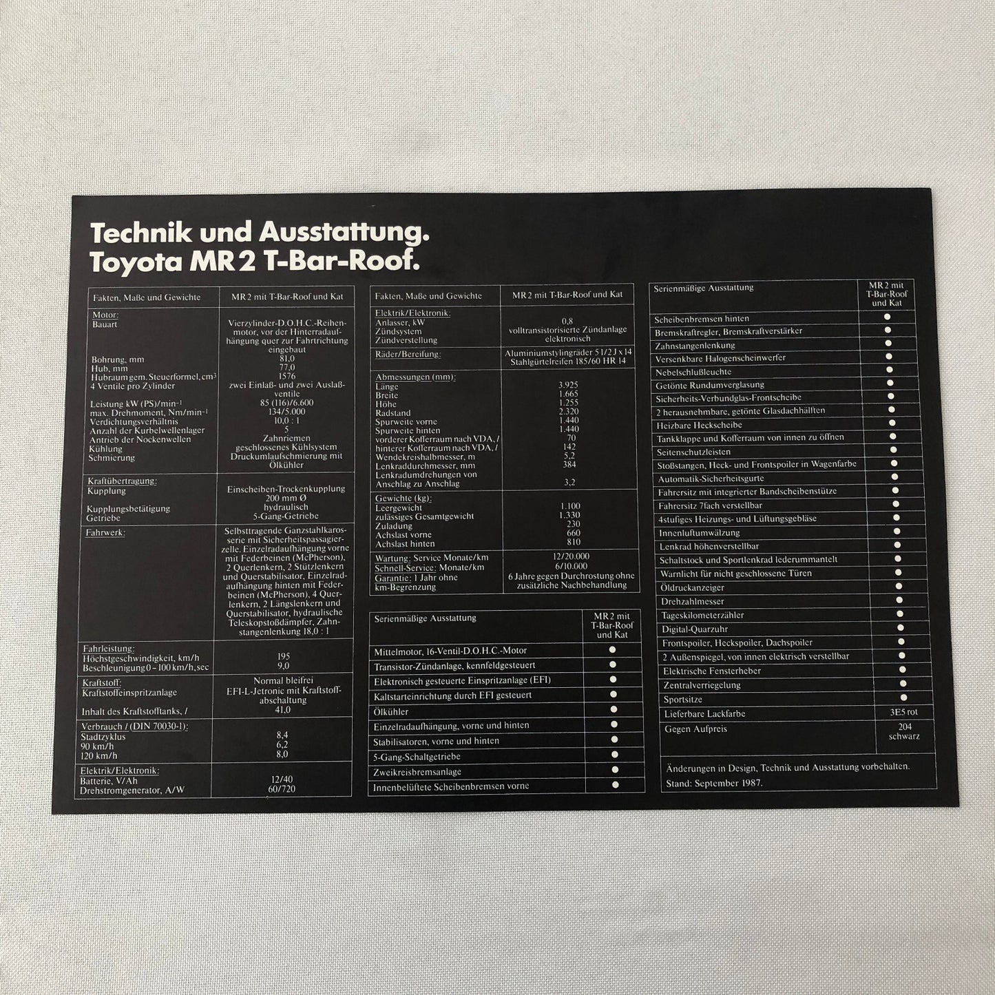 Vintage Toyota MR2 T-Top Sports Car Sales Sheet Brochure GERMAN Text
