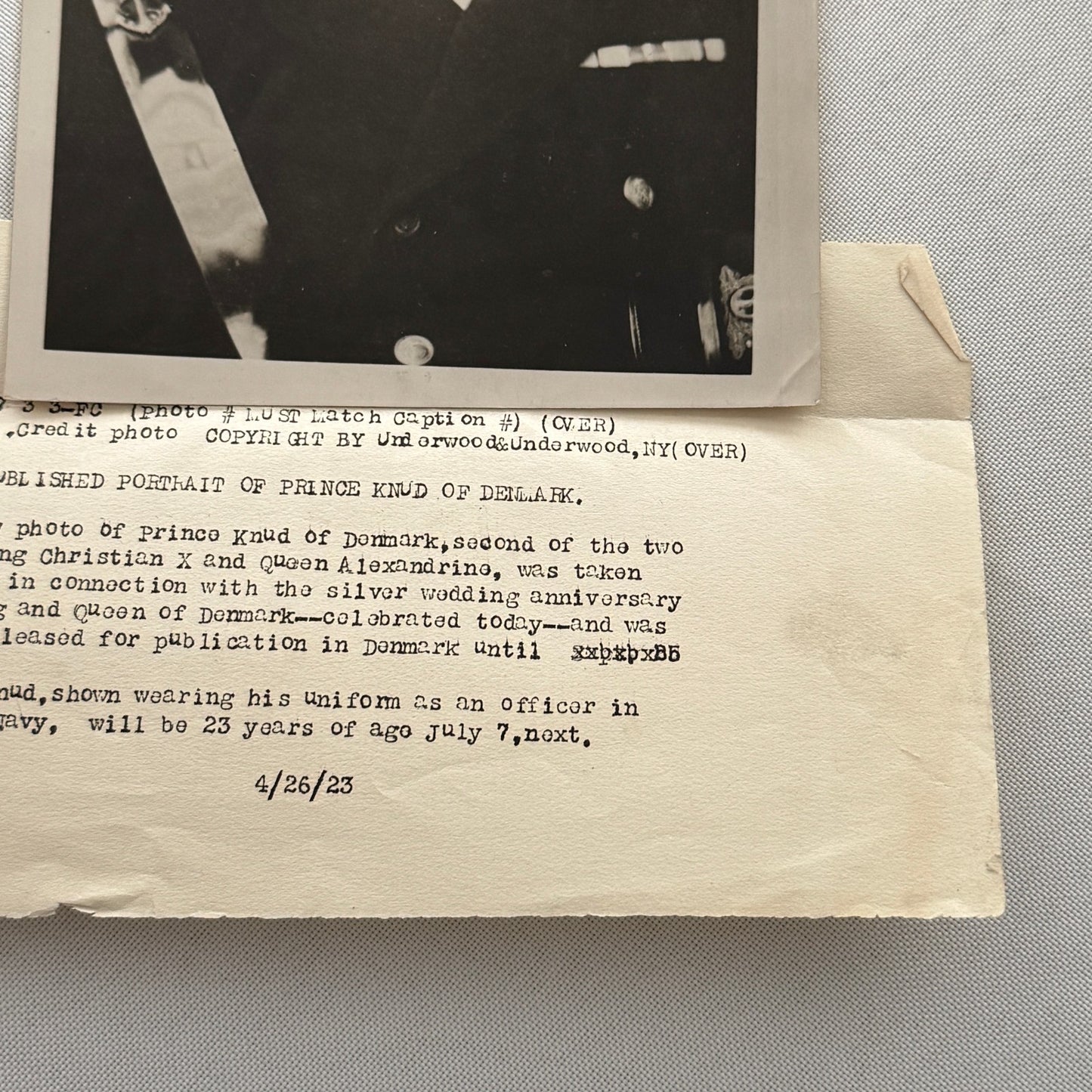 Prince Knud of Denmark Royal Navy Press Photo w/ Caption – 1923 Danish Royalty