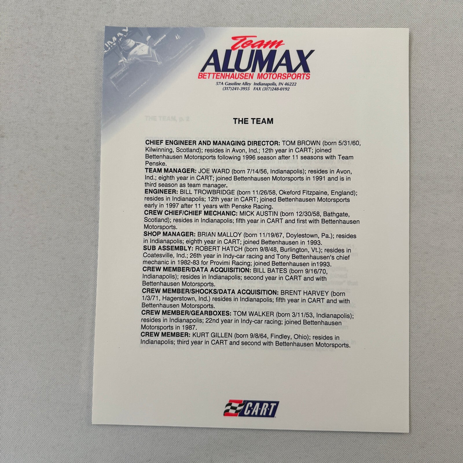 Bettenhausen Alumax Racing Press Kit Brochure 1997 CART Patrick Carpentier