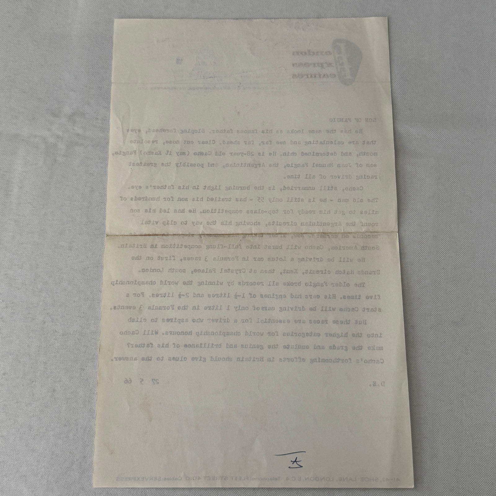 Juan Manuel Fangio Son Cacho Press Release Document London Vintage