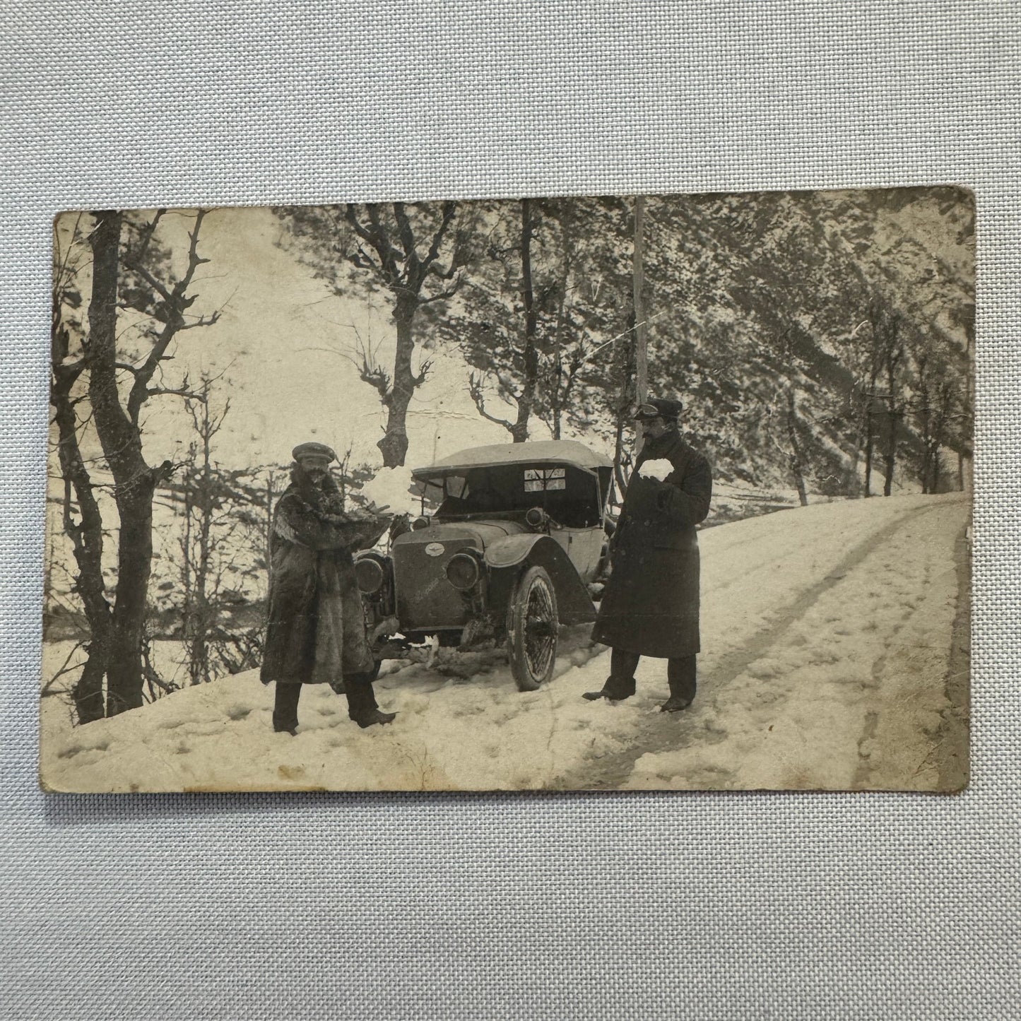 Vintage Postcard Real Photo Postcard RPPC Post Card Men Car Automobile Snow