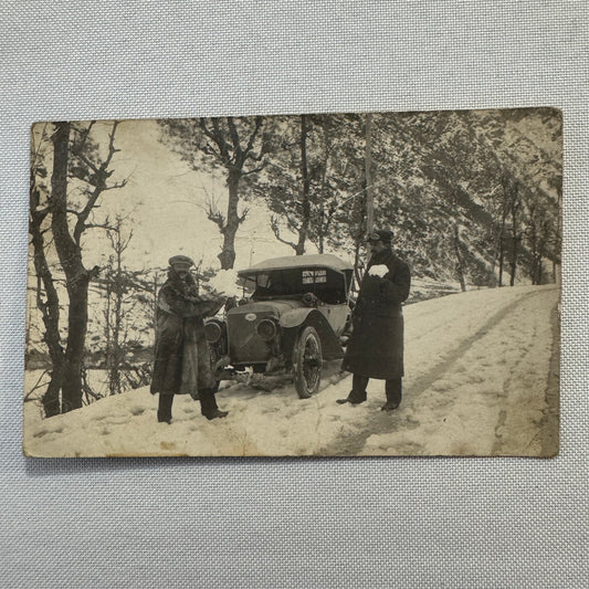 Vintage Postcard Real Photo Postcard RPPC Post Card Men Car Automobile Snow