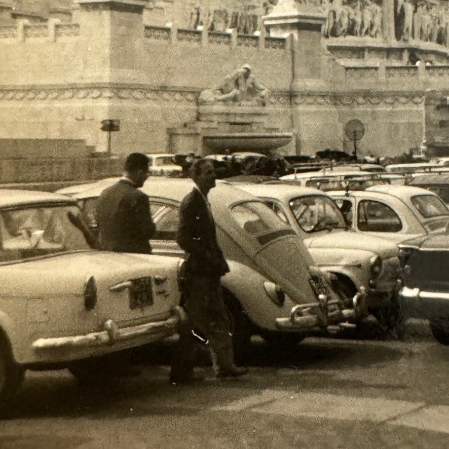 Vintage Snapshot Photo Photograph Cars Automobiles Fiat Volkswagen VW Monument