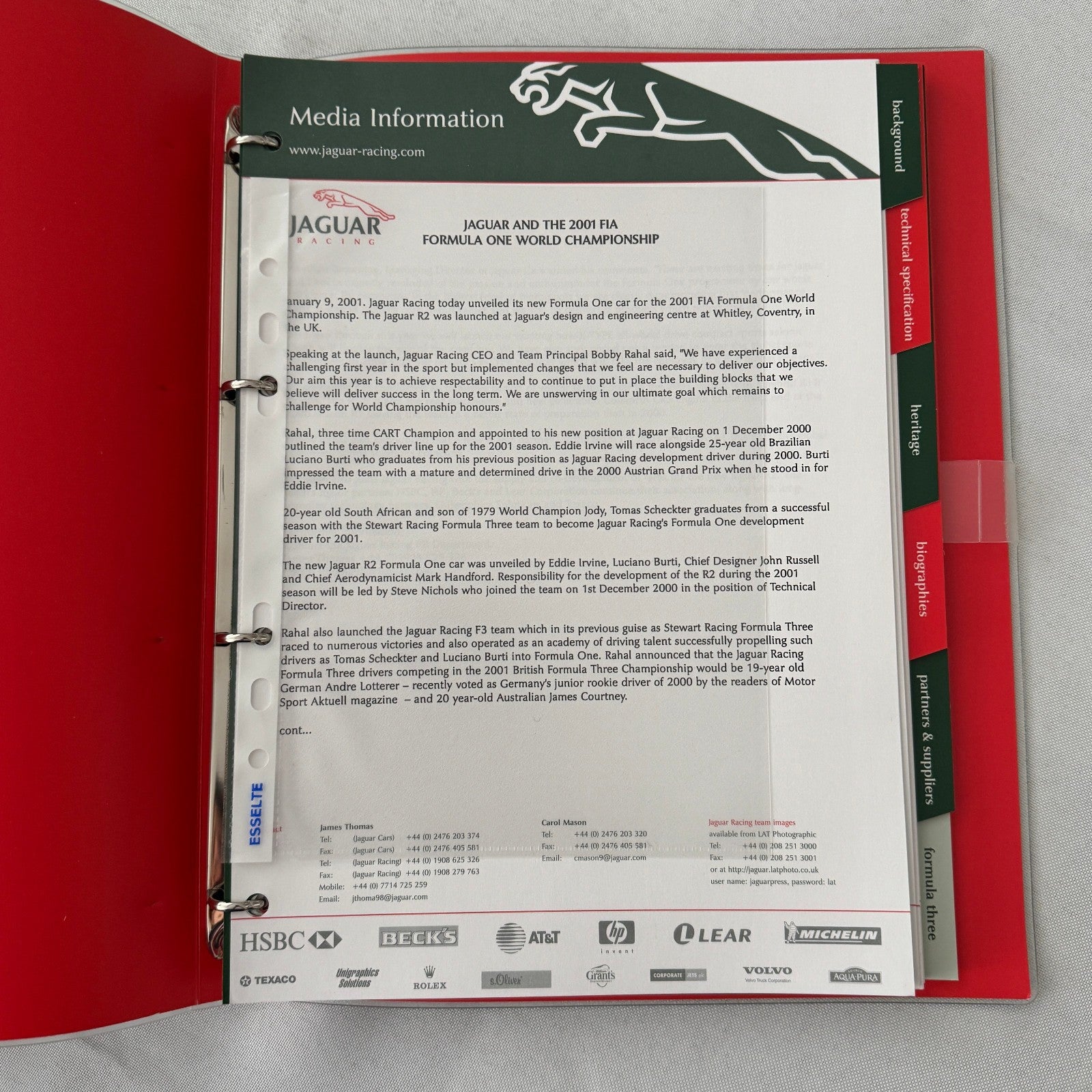 2001 Jaguar Racing Press Kit Formula 3 Formula One F1 Photos Eddie Irvine