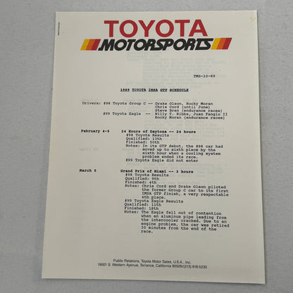 1989 Toyota Motorsport Racing Press Kit Dan Gurney Willy T Ribbs Fangio II