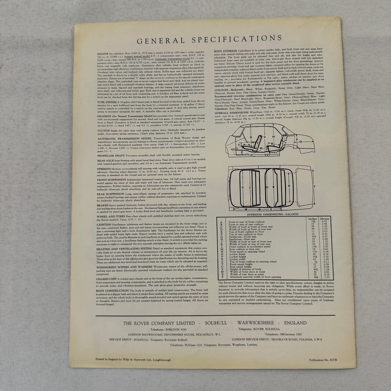 Rover 3 Litre Saloon Mark II and Coupe Sales Brochure Catalog Vintage