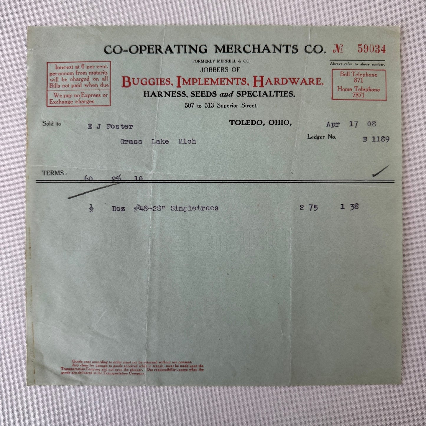 Cooperating Merchants Company Buggies and Hardware 1908 Receipt Invoice Lot 6x
