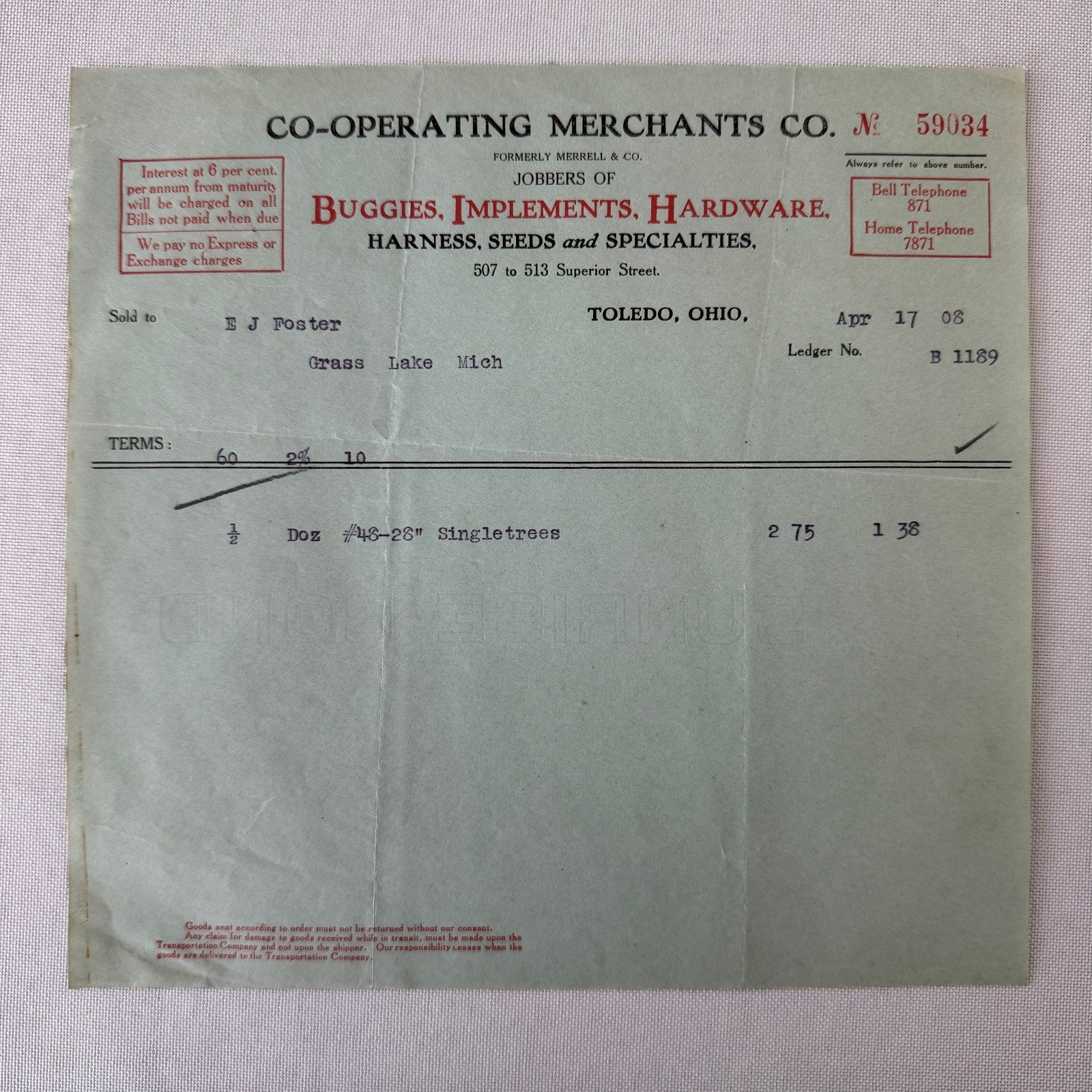 Cooperating Merchants Company Buggies and Hardware 1908 Receipt Invoice Lot 6x