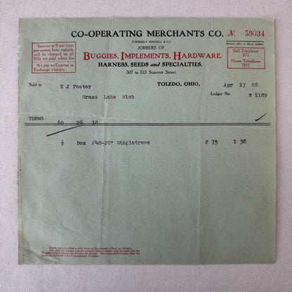 Cooperating Merchants Company Buggies and Hardware 1908 Receipt Invoice Lot 6x