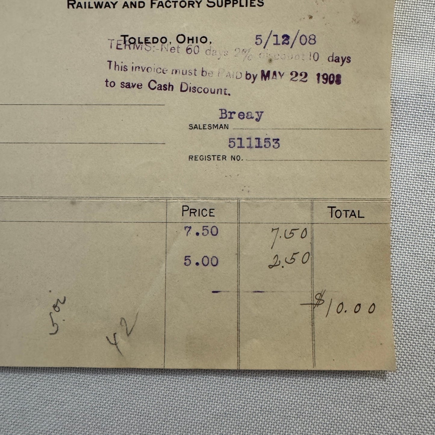 Bostwick Braun Company Document 1908 Antique Invoice Receipt Ephemera Toledo OH