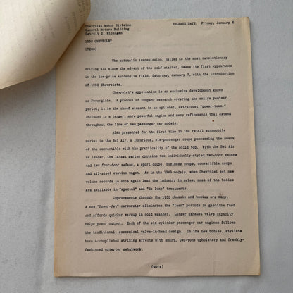 1951 Chevrolet Car General Motors Factory Press Release Document Letter Lot of 2