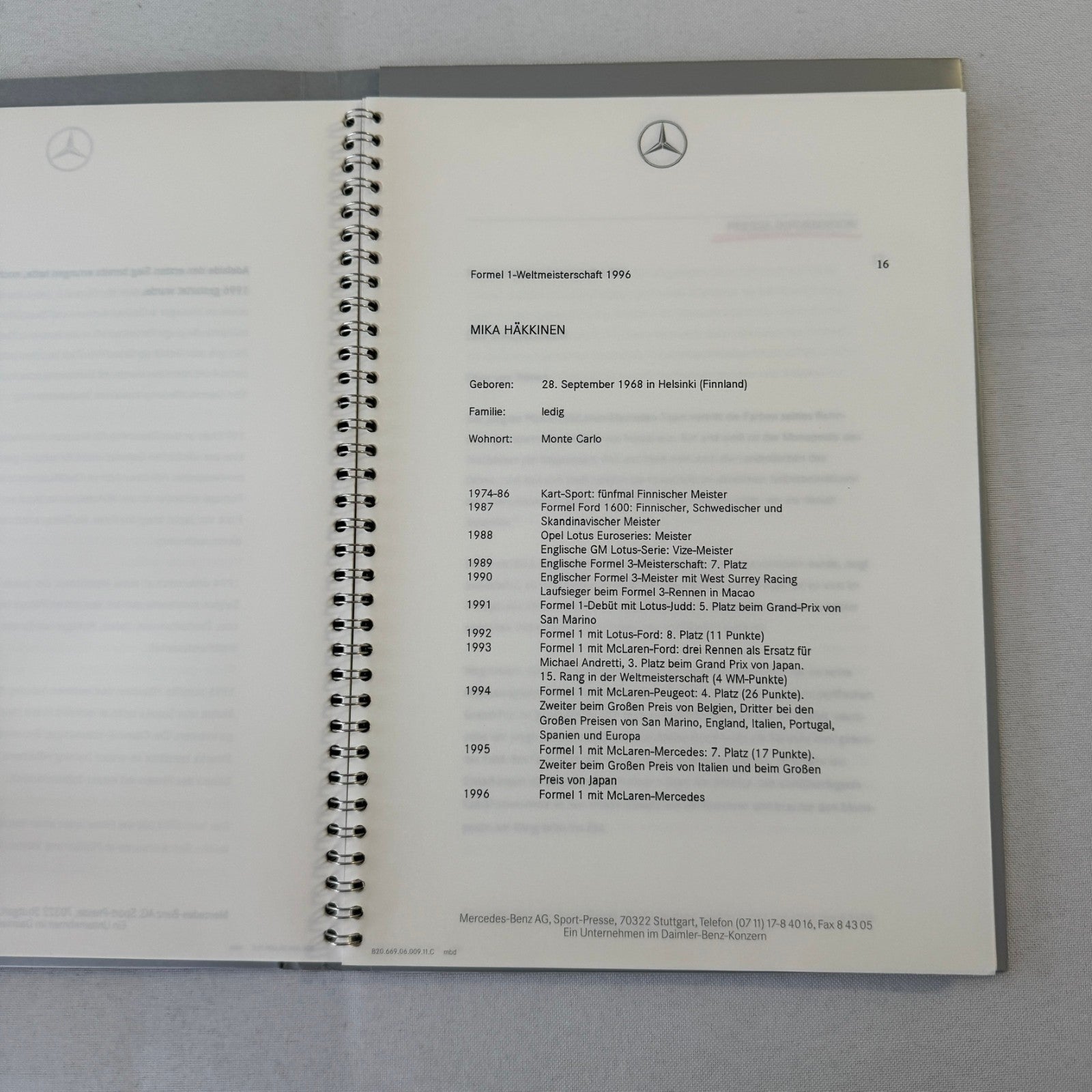 1996 Mercedes Marlboro F1 Formula One Racing Press KIt Mika Hakkinen Coulthard