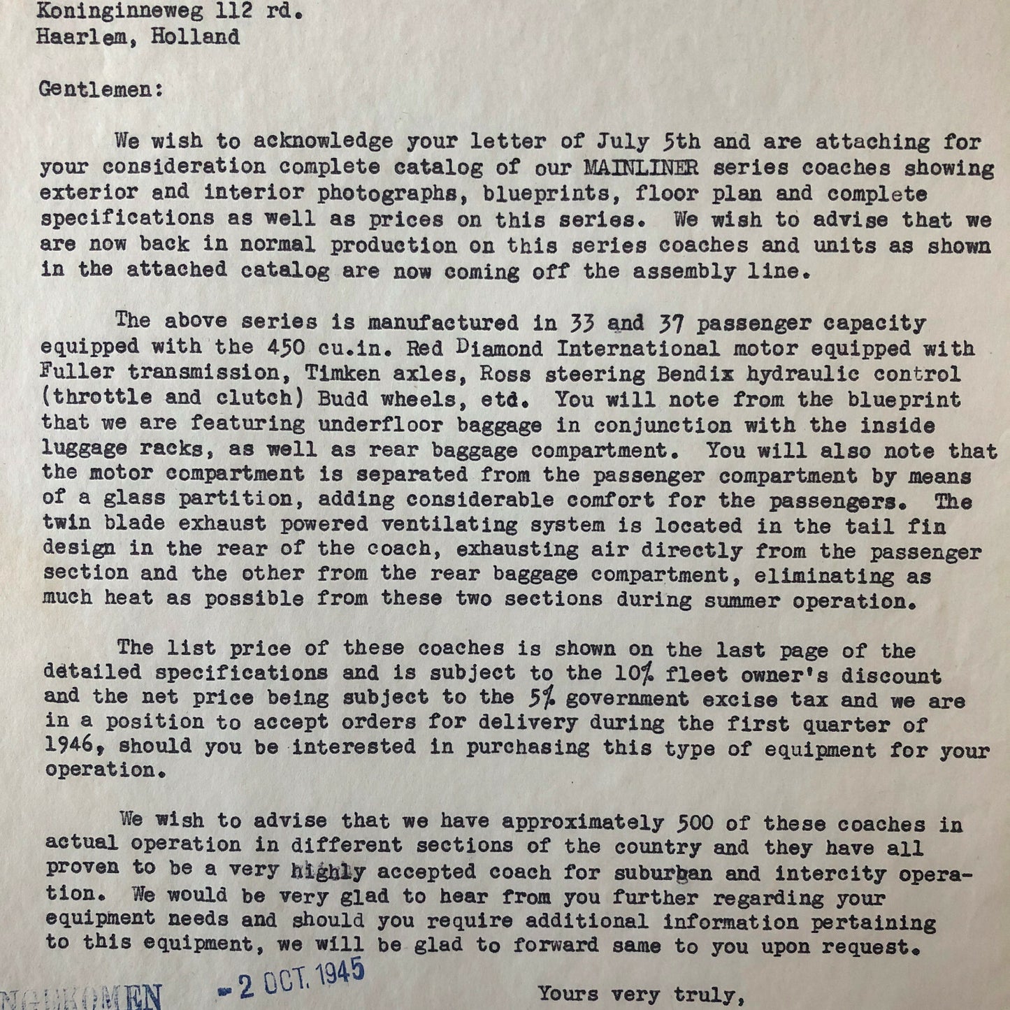 1945 CD Beck Company Safety Coach Bus Letter Letterhead Document Mainliner +