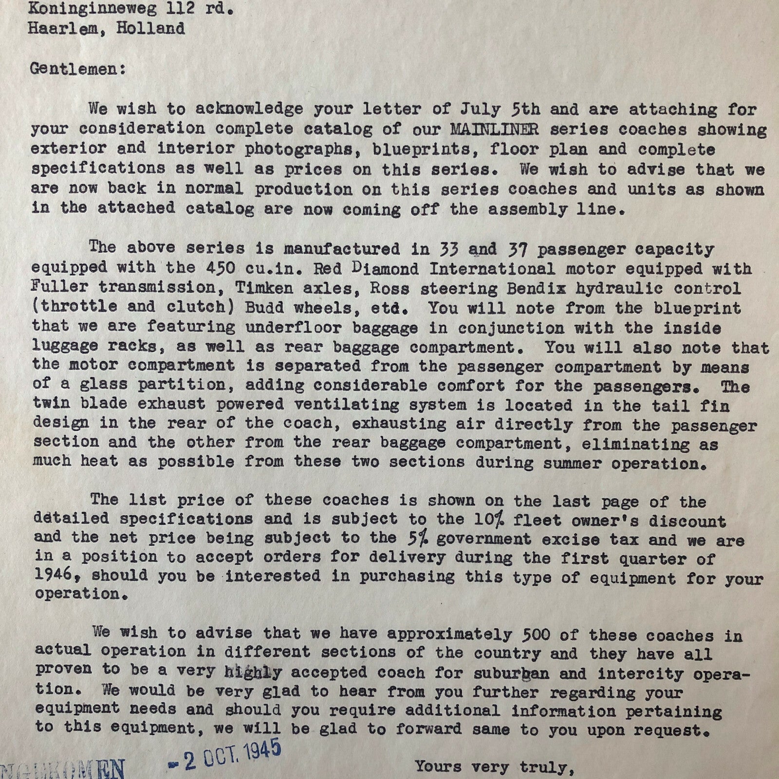 1945 CD Beck Company Safety Coach Bus Letter Letterhead Document Mainliner +