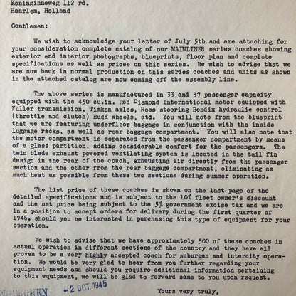 1945 CD Beck Company Safety Coach Bus Letter Letterhead Document Mainliner +