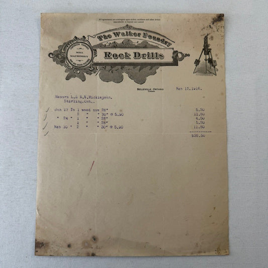 1916 Vintage Receipt Document The Walker Foundry Rock Drills Belleville Ontario