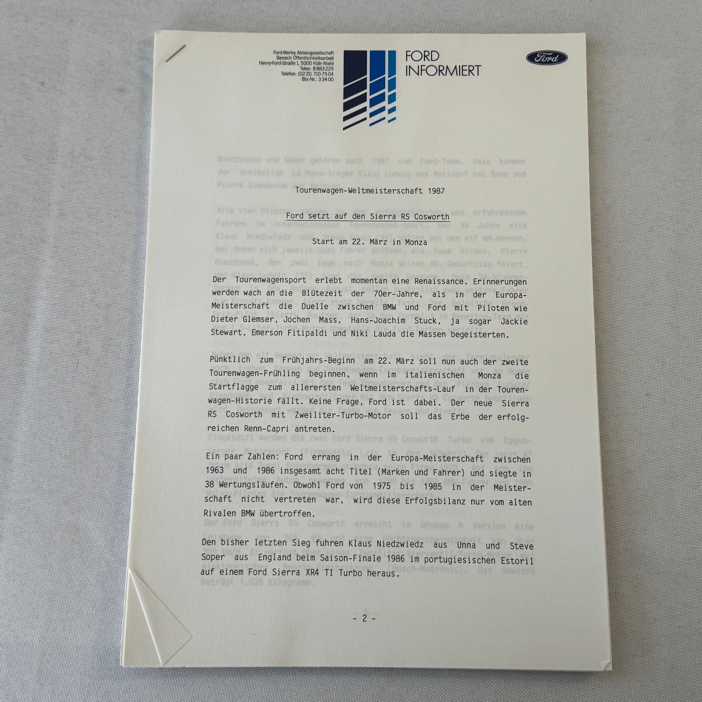 1987 Ford Sierra Cosworth XR4Ti Racing Team Press Kit Photos GERMAN