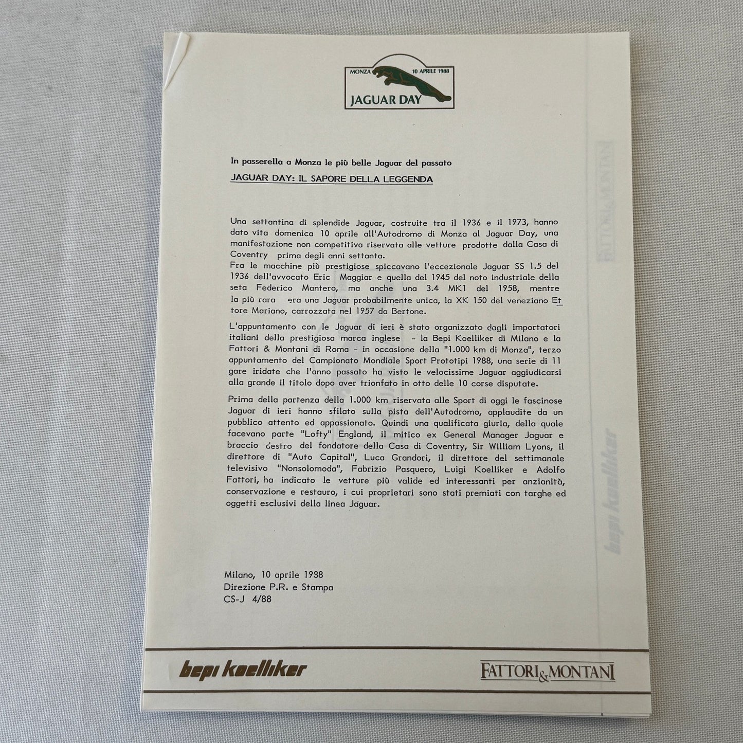 1988 Jaguar Silk Cut Racing Press Kit Photos Jaguar Day at Monza ITALIAN