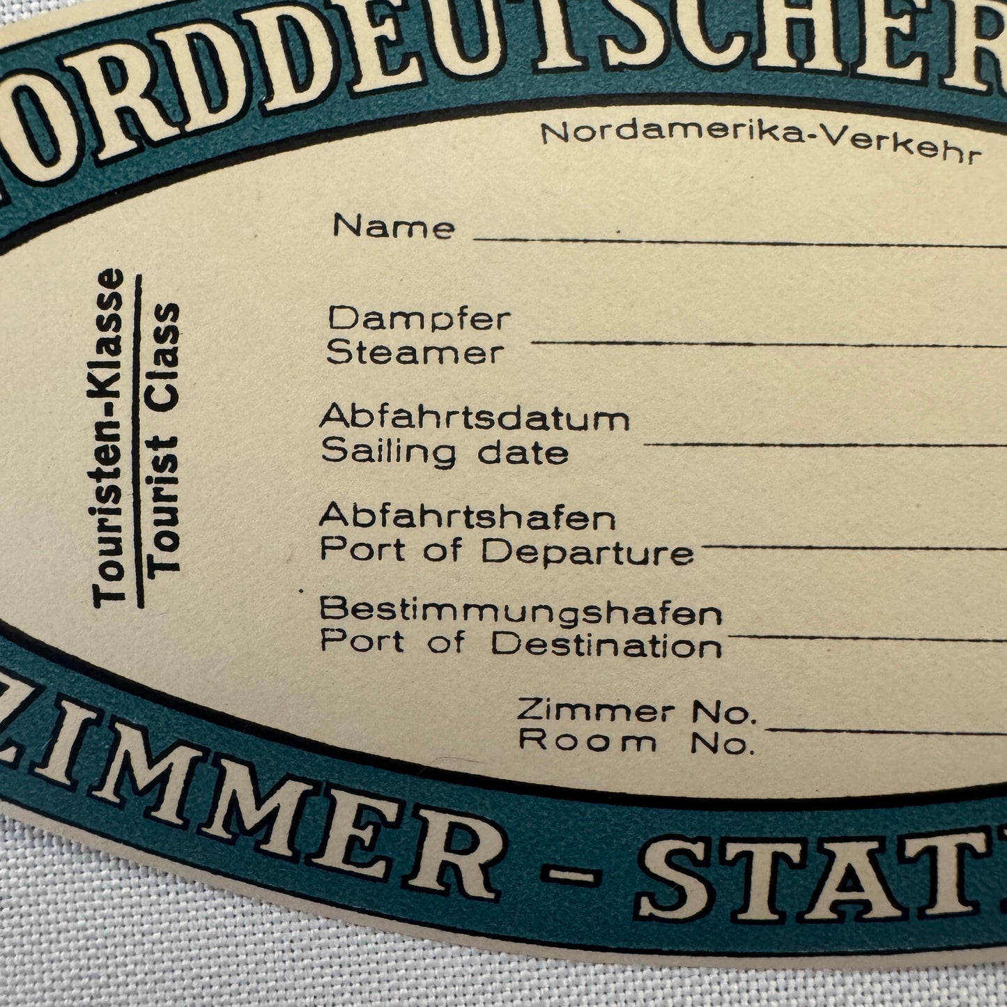 Vintage Norddeutscher Lloyd Zimmer Luggage Label Ship Boat