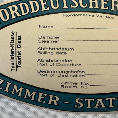 Vintage Norddeutscher Lloyd Zimmer Luggage Label Ship Boat
