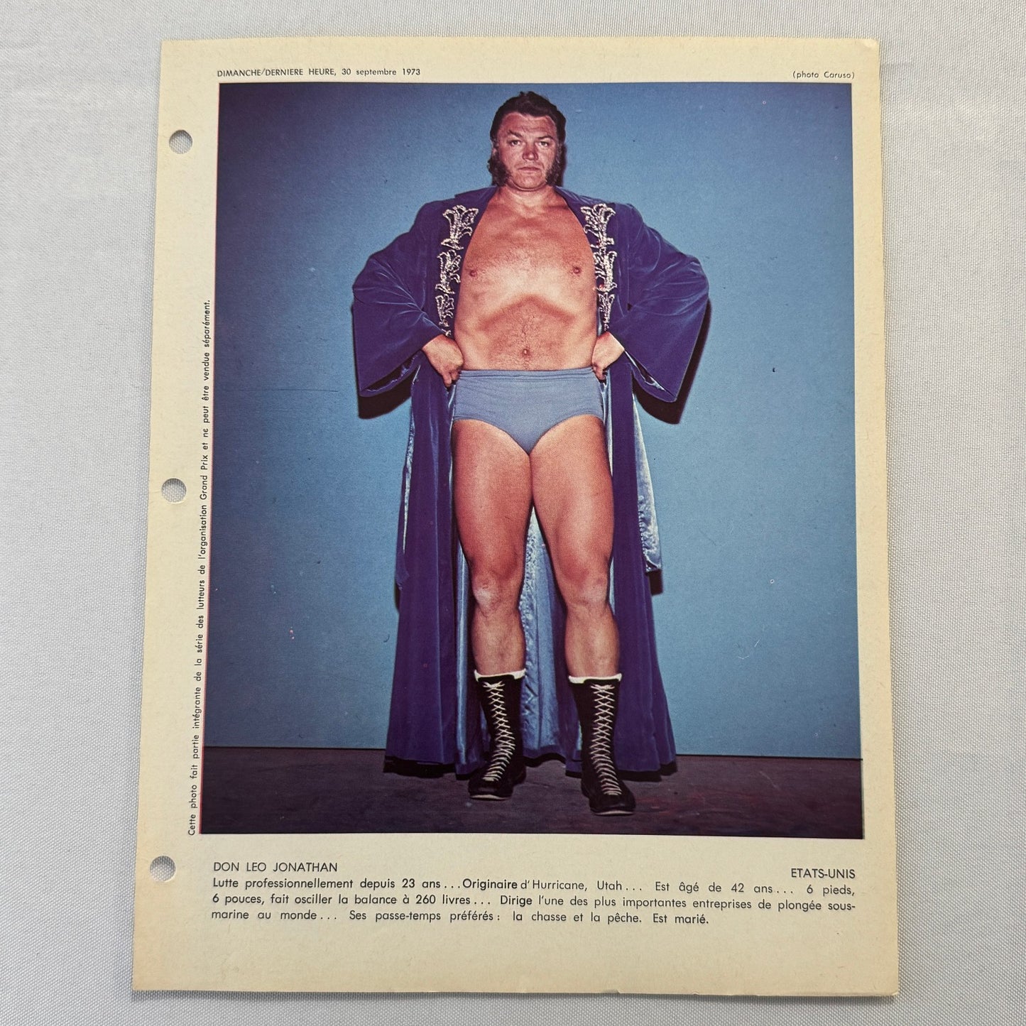Vintage Wrestling Print Insert Don Leo Jonathan Quebec French 1973