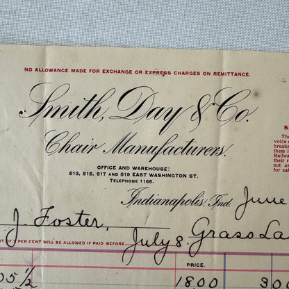 Smith Day and Company Chair Manufacturer Receipt Invoice Document 1908 Indiana