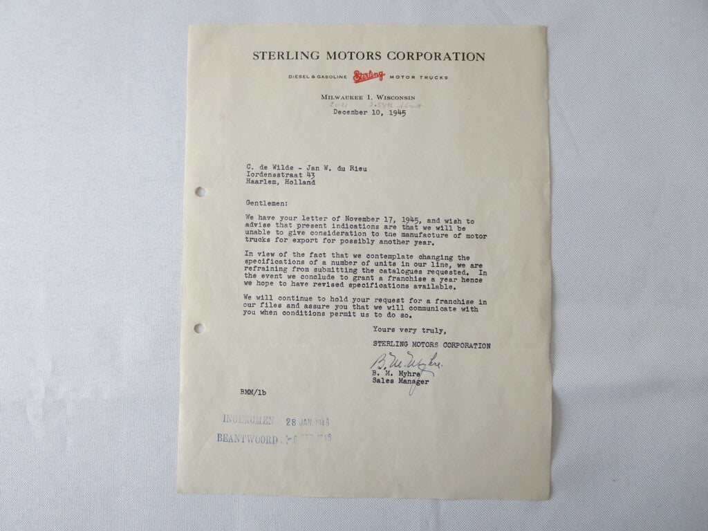 1945 Sterling Motor Truck Corporation Letter Letterhead Document 